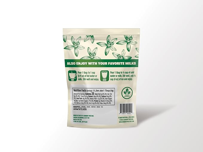 The Harmony Matcha Vanilla (7.05oz Bag - 20 Servings) Premium Sweetened Japanese Matcha Powder, Rich in Antioxidants & L-Theanine, Dairy, Gluten, & Preservative Free, Serve Hot or Iced