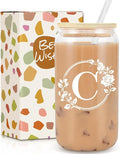 Birthday Gifts for Women, Monogrammed Initial Glass Cup Personalized Gifts for Women, 16oz Glass Cups with Lids and Straws, Iced Coffee Cup, Beer Can Shaped Glass - Gifts for Christmas, Birthday, C