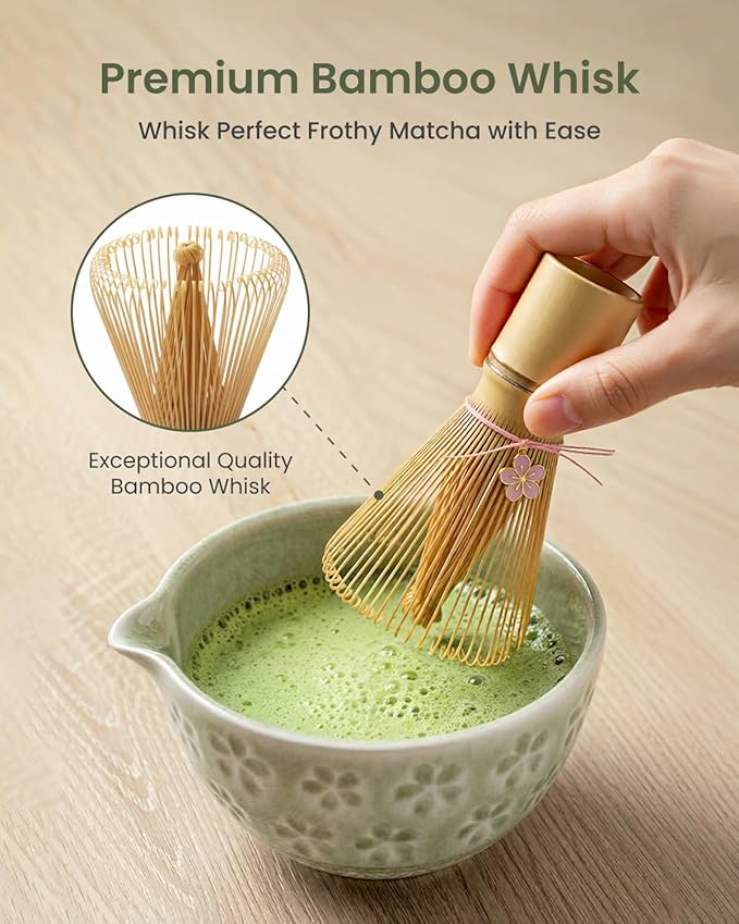 Matcha Whisk Sets 7 Pcs Includes Ceramic Bowl, Bamboo Whisk, Scoop, Sifter, Whisk Holder, Scoop Rest & Tea Towel | Japanese Matcha Ceremony Gift Set for Matcha Lovers (Mottled Green)