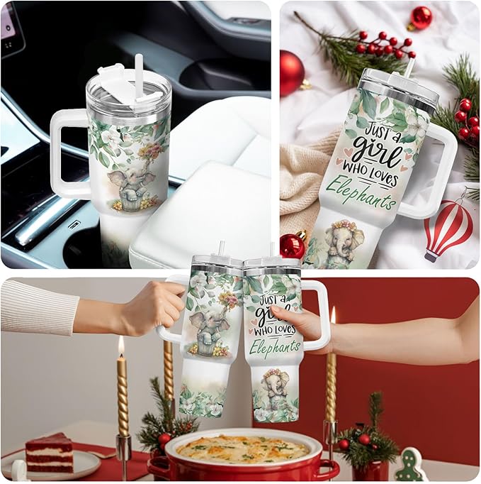 34HD Gifts for Women, Stainless Steel Tumbler with Lid, Coffee Travel Mug, Double-Wall Vacuum Insulated Tumbler, Leak Proof Drinking Cup, 40 Oz, Baby Elephant