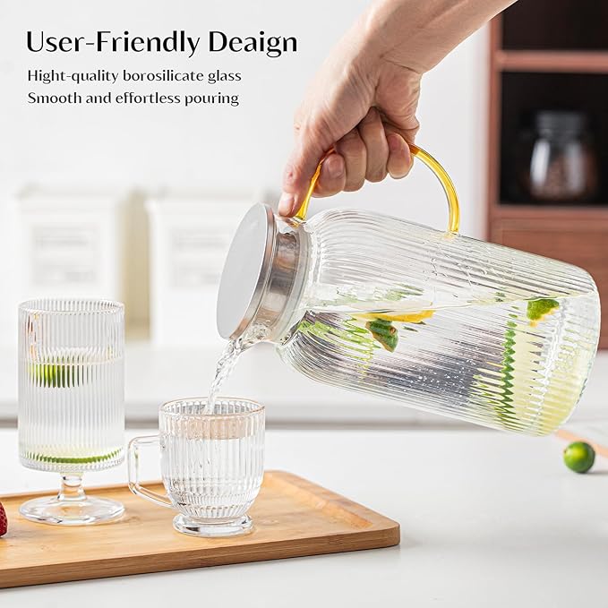 INSETLAN 68oz/2L Glass Pitcher with Lid and Spout, 2-Pack Ribbed Glass Jugs with Handle, Hot&Cold Water Pitcher for Iced Tea, Juice, Lemonade – Modern Carafe for Fridge or Table