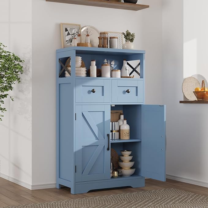 Farmhouse Light Blue Storage Cabinet with Barn Doors and Drawers, Freestanding Kitchen Pantry Cabinet, Hutch Cupboard for Kitchen, Laundry Room, Living Room