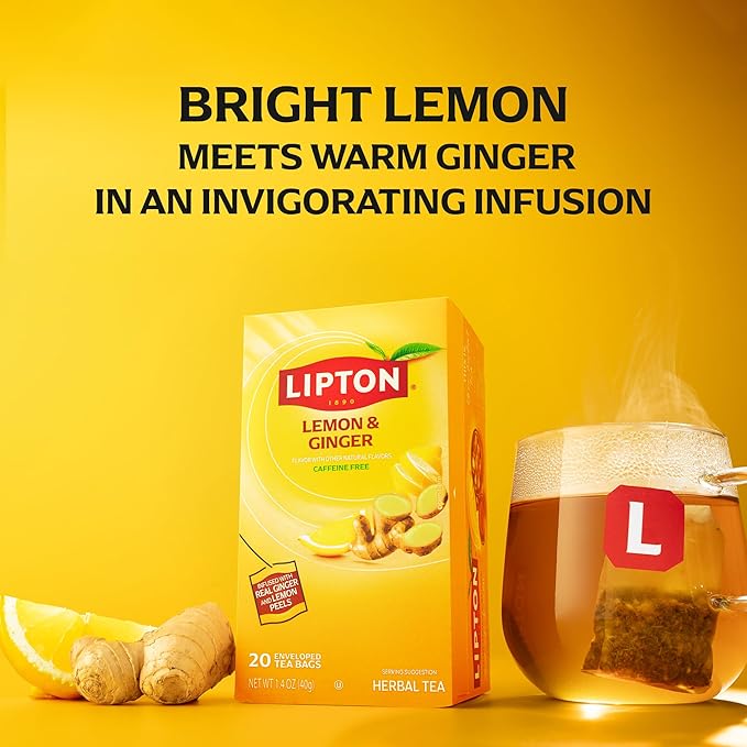 Lipton Lemon Ginger Tea Bags, caffeine free Tea, Refresh Fruit and Herbal Tea, Individually Wrapped, 20 Tea Bags