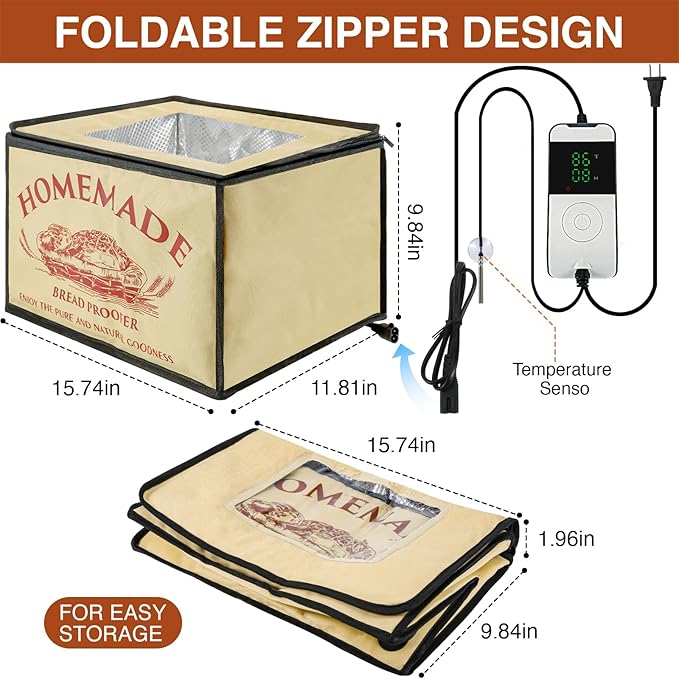 Bread Proofing Box with Heater for Precise Temperature Fermentation, Folding Zippered Dough Proofer Warming Box for Bread, Pizza, Sourdough, Yogurt and Handmade Soap