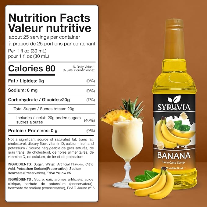 Syruvia Banana Premium Coffee Flavoring Syrup - 25.4 fl oz - Kosher Syrups, Gluten Free, No Coloring, Perfect for Drinks, Soda, Shakes, Cocktails, Desserts, and More With Pump