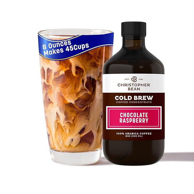 Christopher Bean Hand Crafted Chocolate Raspberry Flavored Coffee - Certified Kosher - Unsweetened Cold Brew & Iced Instant Coffee Distillate Liquid Java - Extract 100% Arabica, (8-Ounce), 236 ml