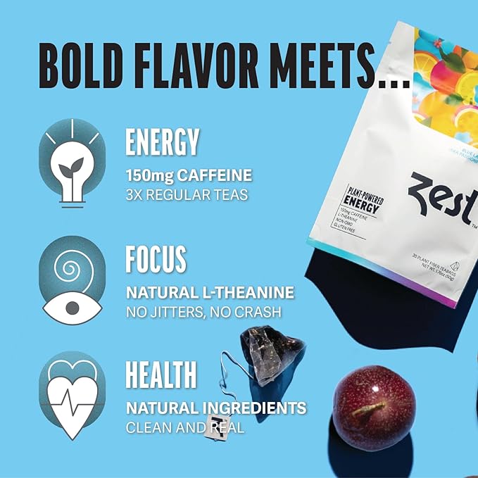 Zest Energy Tea Bags – Blue Lady Passion Fruit Black Tea – High Caffeine Tea for Morning Energy, Focus & Clarity – Natural Caffeinated Tea with 150mg Caffeine – 20Ct Pack – Non-GMO & Keto Friendly