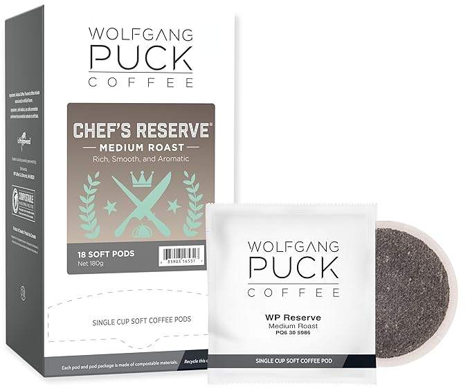 Wolfgang Puck Coffee, Chef's Reserve, 9.5 Gram Soft Pods, 18 Count (Pack of 6)