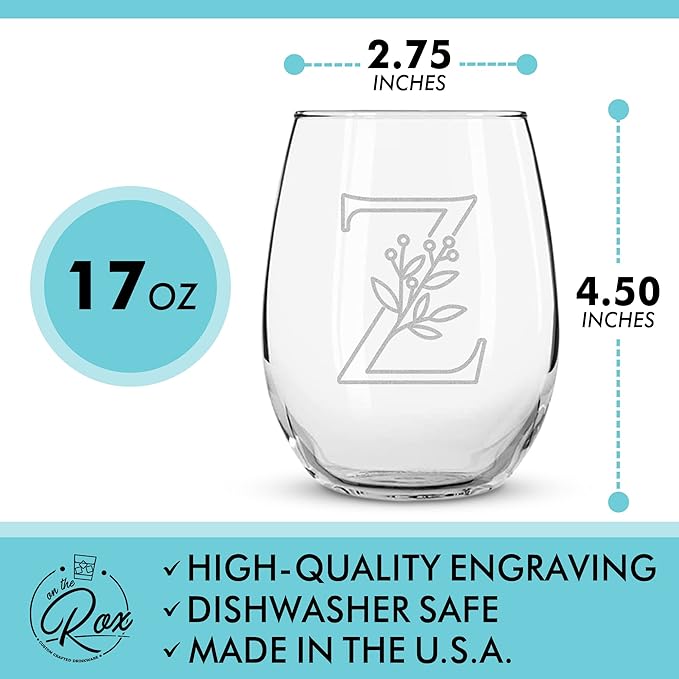 On The Rox Drinks Monogrammed Gifts For Women and Men - Letter A-Z Initial Engraved Monogram Stemless Wine Glass - 17 Oz Personalized Wine Gifts For Women and Men (Z)