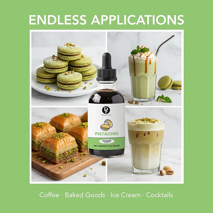 Dolce Flav Pistachio Extract – 2 Ounce Water-Soluble Kosher, Sugar-Free, Concentrated Nutty Pistachio Flavor for Baking, Ice Cream & Pastries, Includes Measured Dropper