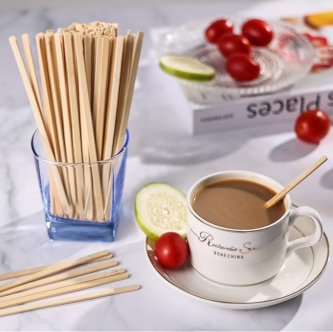500pcs Bamboo Coffee Stirrers Individually Wrapped, 5.5 Inch Disposable Wood Swizzle Stick Beverage Mixer, Eco Friendly Long Wood Stir Sticks for Mixing Cocktail Hot Chocolate Drinking Tea