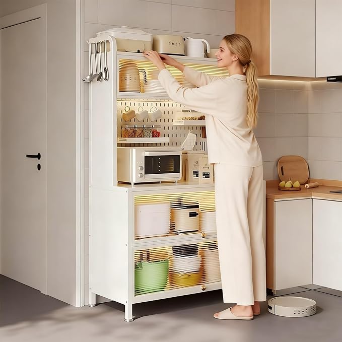 Bakers Rack with Wheels, 5-Tier Coffee Bar with Wheels, Microwave Stand with Storage, Kitchen Shelves for Kitchen Pantry, Storage Room, White