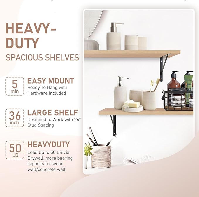 Kaboon 36 inch Long 10 inch Deep Floating Shelves for Wall Set of 2, Large Open Shelves Wall Mounted, Space Saving Home and Commercial Use, Light Walnut