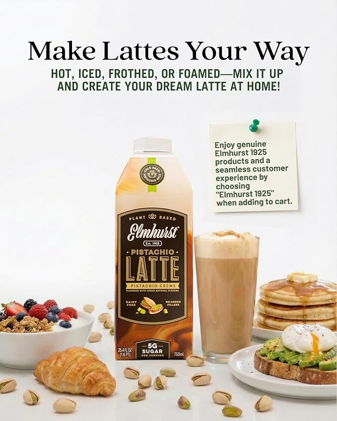 Elmhurst 1925 Pistachio Crème Latte – Plant-Based, Vegan, Dairy-Free Plant Milk Latte Made of Pistachio Milk, Cold Brew Premium Arabica with 95mg Caffeine & Sweet Cream Notes – 25.4oz (Pack of 6)
