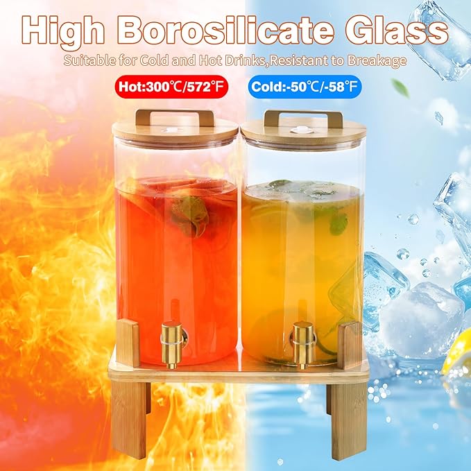1.5 Gallon 2 PACK Glass Drink dispenser, Beverage Dispenser With Wood Stand, Lemonade Dispenser with Airtight Valve and Stainless Steel Spigot,Drink Dispenser for Parties