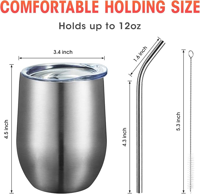 COMOOO 12oz Wine Tumbler with Lid and Straw, Stainless Steel Stemless Wine Tumbler, Double Wall Vacuum Insulated Wine Tumbler Cups for Wine, Coffee, Ice Cream, Champaign, Silver