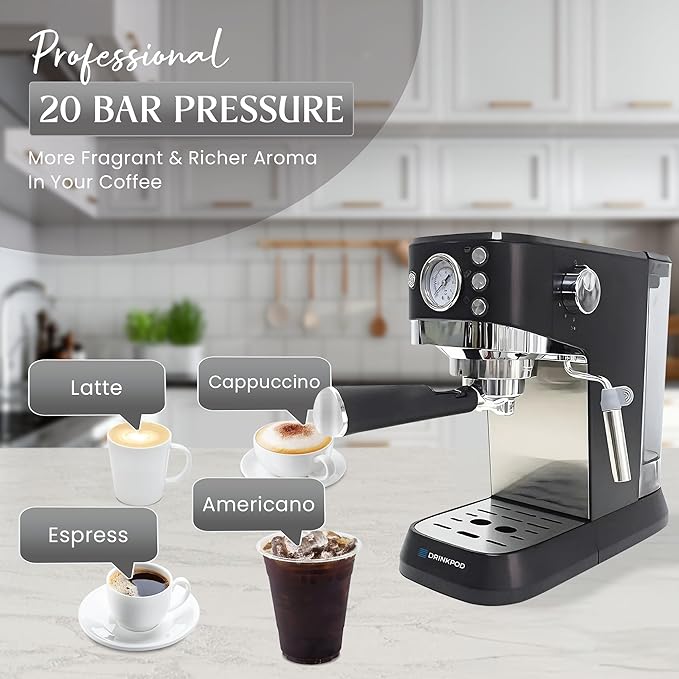 DRINKPOD 20 Bar Espresso Machine – Coffee & Espresso Maker Combo with Milk Frother Steam Wand, Stainless Steel Cup Plate, and 1.5L Removable Water Tank – High Pressure Espresso Maker