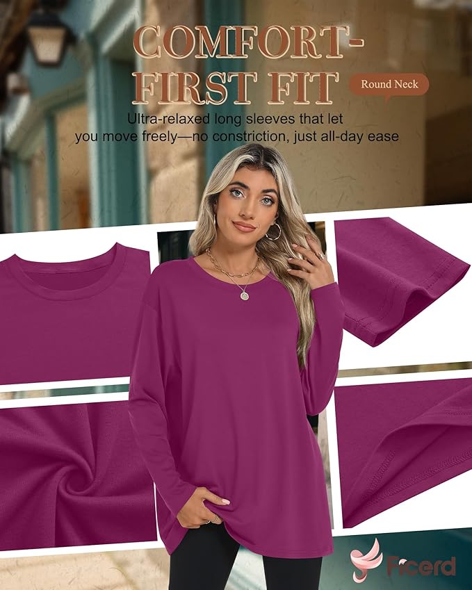 Ficerd 3 Pack Women's Oversized Long Sleeve Shirts Cotton Gym Round Neck Tops Loose Fit Casual Workout Baggy Fall Basic Tee
