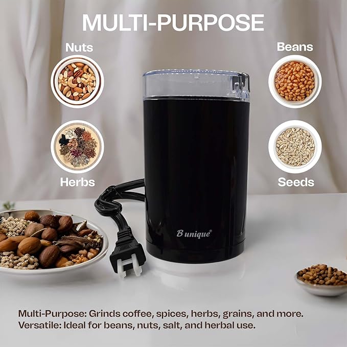 B Unique Electric Coffee & Spice Grinder, 300ml Stainless Steel | Powerful Grinder for Beans, Herbs, Nuts & Seeds | Fast, Safe, Easy to Clean | Compact Kitchen Design