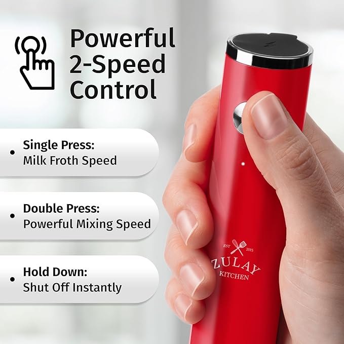 Zulay Kitchen Lux Electric Milk Frother Rechargeable Handheld - Powerful 2-Speed Motor, Waterproof, 2000mAh Battery - Drink Mixer for Latte, Cappuccino, Matcha & Protein Powder - Scarlet