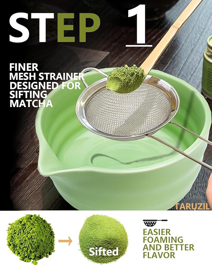 Matcha Whisk Set with Matcha Bowl, Matcha Bamboo Whisk, Scoop, Sifter, Matcha Kit Holder Unique Gifts for Women Men Girl Friend Home Kitchen Decor Gifts for Christmas, Birthday（Light Green）