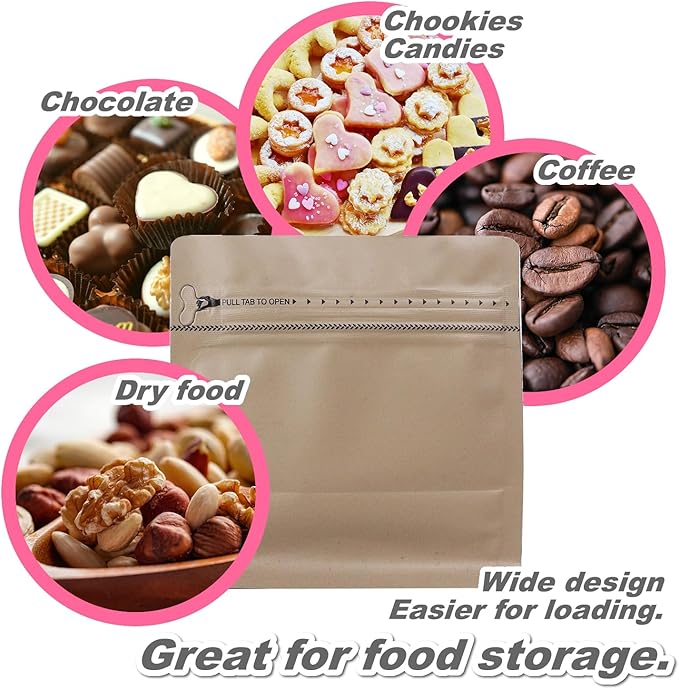 60 Pack High Barrier Stand-Up Coffee Bean Bags with Vented Valve Matte Metallic Heat-Sealable & Resealable Solid Color Pouches (Square,7.7 * 8 inch,1 lb,Light Brown)