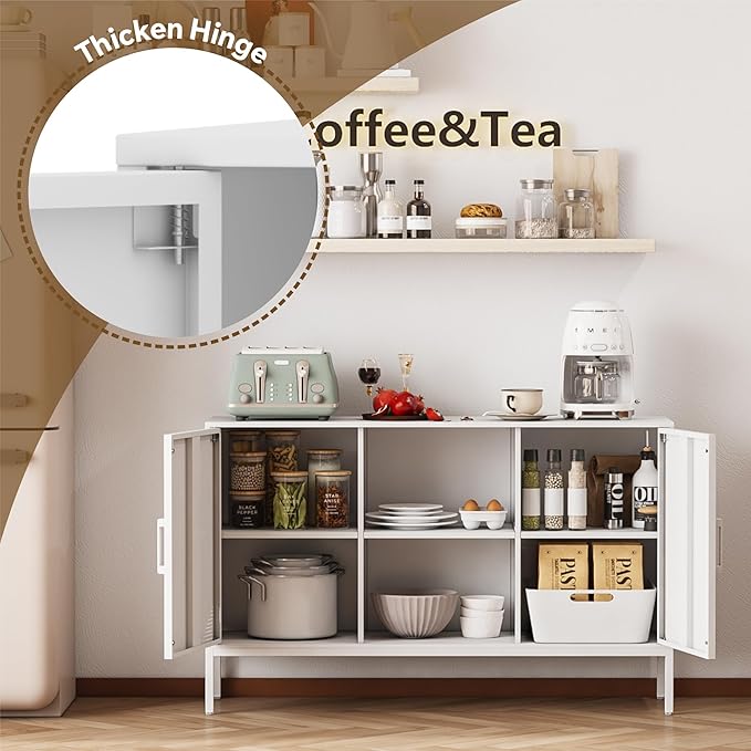 Metal Storage Cabinet,Metal White TV Stand,Coffee Bar Buffet Cabinet Kitchen Sideboard Storage with Adjustable Shelves for Living Room Bedroom