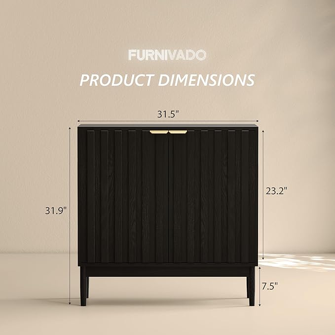 Fluted Cabinet with Storage, Buffet Cabinet Sideborad with 2 Doors, Black Buffet Storage Accent Cabinets with Adjustable Shelves for Living Room, Entry, Hallway, Kitchen