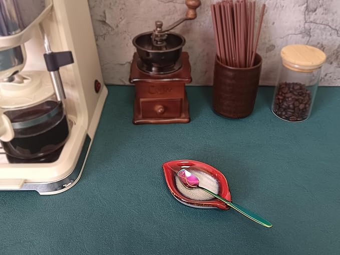 Coffee Spoon and Rest for Coffee Bar Accessories, Leaf Small Spoon Rest for Coffee Station, Tea Spoon Rest Tea Spoon Holder Teaspoon Rest, 1 PC (Retro Red with Rainbow Rose Spoon)