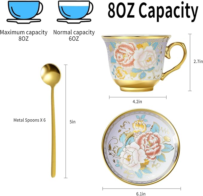 Tea Cups and Saucers, Tea Cup Set of 6, 8 OZ Floral Cups Porcelain Cup Set for Cappuccino, Coffee, Afternoon Tea Birthday Party Supply Christmas gift