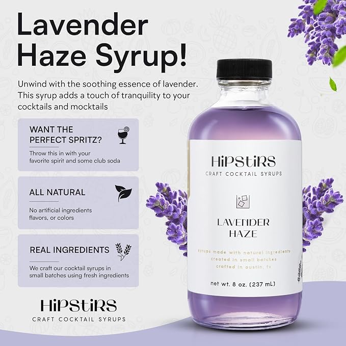 HipStirs Lavender Haze Syrup - Real Ingredients are in our Luxurious Lavender Syrup for Drinks - Using Natural Flavoring to keep your Cocktails Non-GMO, Gluten Free & Vegan (8 oz)