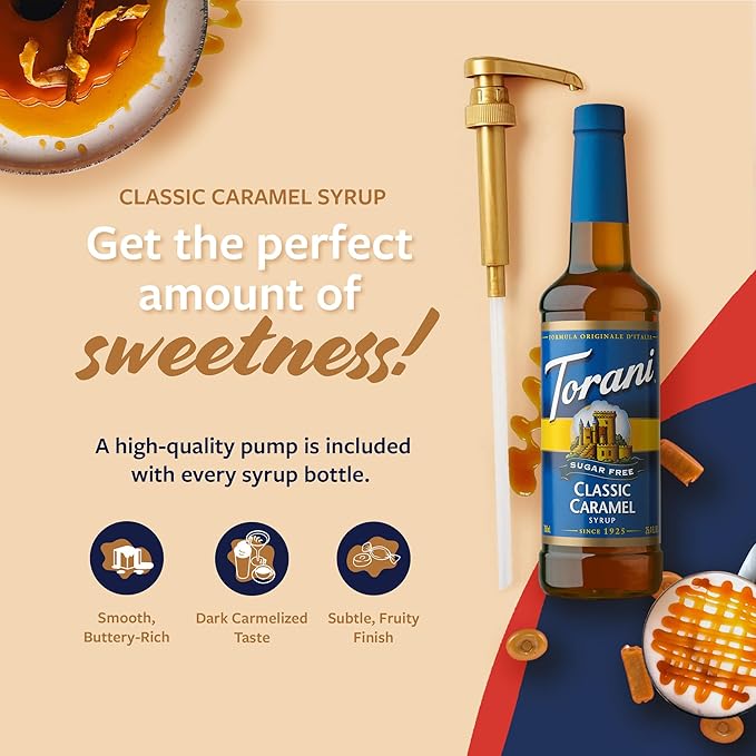 Torani Sugar Free Coffee Syrup, Classic Caramel Flavoring for Drinks, Zero Calorie, Pump Included, 25.4 Fl Oz