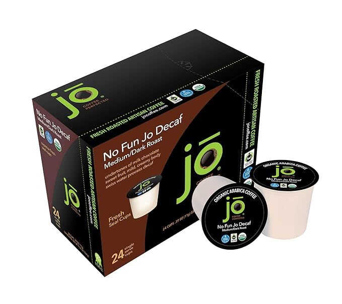 NO FUN JO DECAF: 24 Cups, Organic Medium Dark Roast Swiss Water Process for Keurig K-Cup Compatible Brewers, Fresh Seal Single Serve Cups, Fair Trade Certified Kosher Non-GMO Gluten Free by Jo Coffee®