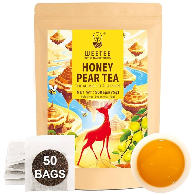 WT WEETEE Honey Pear Tea Bags 50 Count, Black & Puerh Tea Sweet Pear & Honey Flavor | Resealable Kraft Bag | Brew Hot or Iced