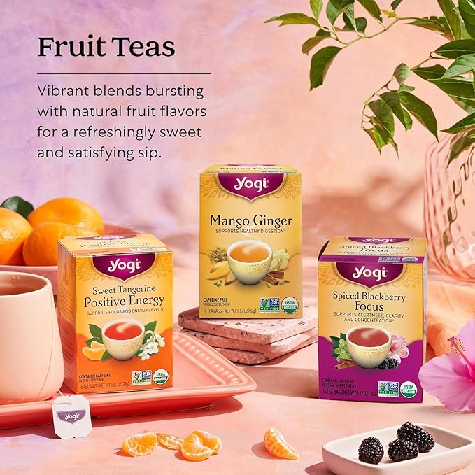 Yogi Tea - Fruity Tea Variety Sampler, 16 Tea Bags per pack (6 Packs) – Black, Green & Herbal Assorted Flavors: Sweet Clementine, Blackberry, Tangerine, Lemon, Strawberry, Mango & More