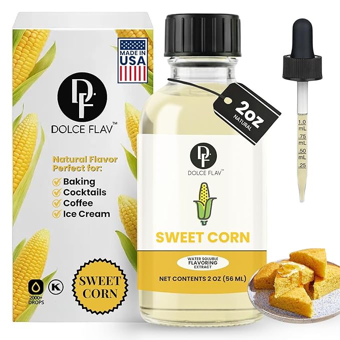 Dolce Flav Natural Sweet Corn Extract – 2 Ounce Water-Soluble Kosher, Sugar-Free, Concentrated Savory-Sweet Corn Flavor for Baking, Cornbread & Ice Cream, Includes Measured Dropper