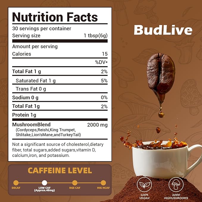 Mushroom Coffee with Lion's Mane, Reishi & Cordyceps – 6 Mushroom Adaptogen Blend for Focus, Energy, Digestion & Immune Support, Low Acid Instant Coffee Powder, 30 Servings