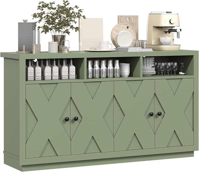 60” Large Sideboard Buffet Cabinet with Storage, Farmhouse Kitchen Buffet Cabinet with Adjustable Shelves and 4 Barn Doors, Wood Coffee Bar Storage Cabinet for Kitchen, Dining Room, Green