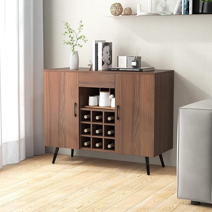 Buffet Cabinet with Storage, Sideboard Cabinet with Drawer & Removable Wine Rack, Kitchen Storage Cabinet with Doors and Shelves, Bar Cabinet for Kitchen, Dining Living Room, Entryway, Walnut