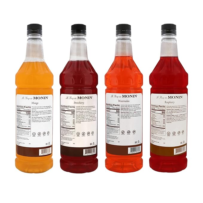 Monin - Summer Variety Pack, Fruit Flavored Syrup, Mango, Strawberry, Raspberry, & Watermelon Syrup, Simple Syrup for Margaritas, Lemonade, Cocktails, & More, Clean Label (1 Liter, 4-Pack)