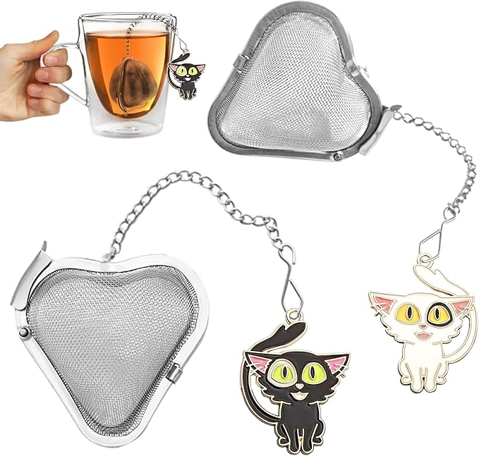 Cute Cat Tea Infuser Ball for Loose Leaf Tea - 2 Pack Stainless Steel Tea Steeper with Chain, A gift for tea lovers (2, Big Eyed Cat)