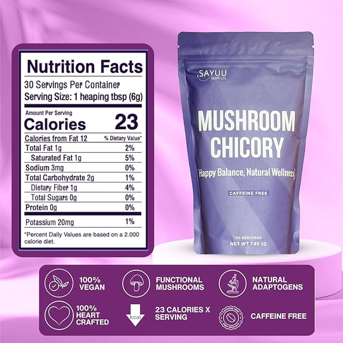 SAYUU Mushroom Chicory Blend – Caffeine-Free Coffee Alternative with Lion's Mane, Reishi, Turkey Tail – Supports Digestion, Focus & Immunity – Vegan & Eco-Friendly, 30 Servings