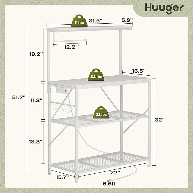 Huuger 4-Tier Bakers Rack with Reversible Power Outlet, 31.5 Inch Microwave Stand, Kitchen Bar, with Top Shelf, 6 S Hooks, White