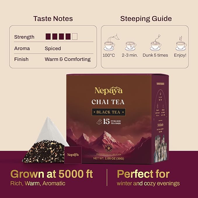 Nepaya Masala Chai – 15 Pyramid Black Tea Bags, Spiced with Ginger, Cardamom & Cinnamon, Biodegradable, Whole-Leaf, High Caffeine, Himalayan Chai
