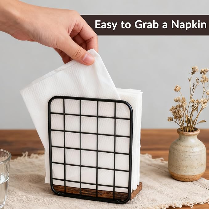 Napkin Holder for Table, Farmhouse Wood Napkins Holder with Rustic Brown Base, Standing Napkin Dispenser for Kitchen Countertop, Dining Room, Restaurant or Cocktail Coffee Bar