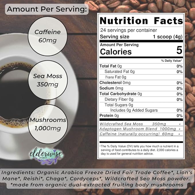 Elderwise Coffee with Mushrooms & Sea Moss - Lion's Mane, Chaga, Reishi & Cordyceps - 24 Servings - Healthy Coffee - Freeze Dried Instant - Chemical free - Fair Trade