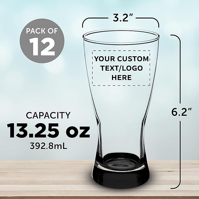 Custom Pilsner Glasses 13.25 oz. Set of 12, Personalized Bulk Pack - Made in the USA, Perfect for Hotels, Restaurants, Bars and Even Party Favors - Black