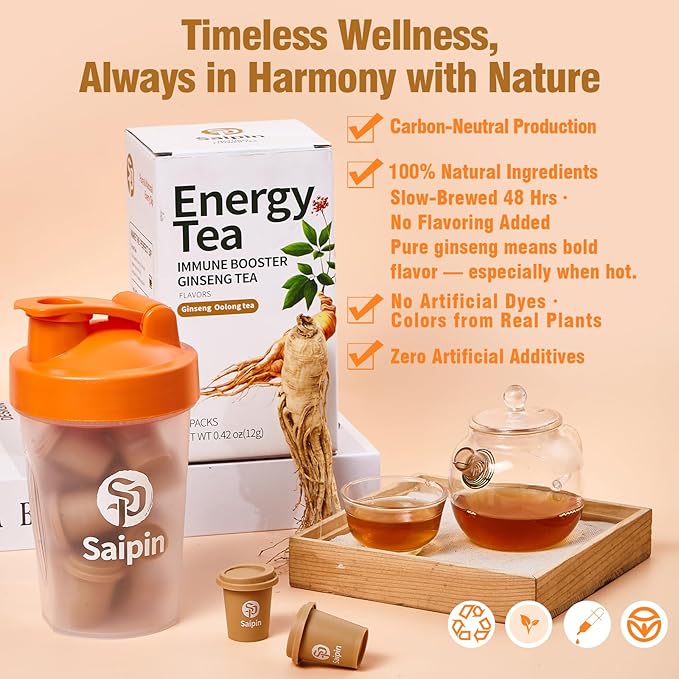 SAIPIN Ginseng Tea, 20 Pack 100% Pure Organic Ginseng Powder, No Additives, Non-GMO, Premium Instant Tea, Kidney, Energy & Immune tea for Women & Men, freeze-dried powder, Hot And Cold Soluble