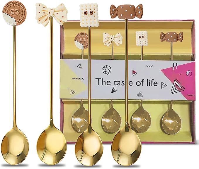 4-Piece Cute Cookie Gold Long Handle Coffee Spoons- 5.5" Teaspoons Stainless Steel Scoops for Coffee & Tea & Dessert Spoon, Perfect for Coffee Stirrers Small Tableware(Gift Packing#B)