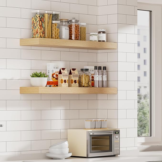 White Oak Floating Shelves, 2 Inch Thick Sturdy Wood Floating Shelves for Wall, 8 Inch Deep Shelves Over Toilet, 32 x 8 Wall Shelves for Kitchen Living Room Bathroom, 50LBS Capacity, 2-Piece